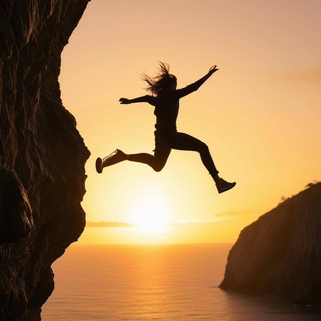 jumping from a cliff to another cliff safely without showing faces with a sunrise or sunset in background